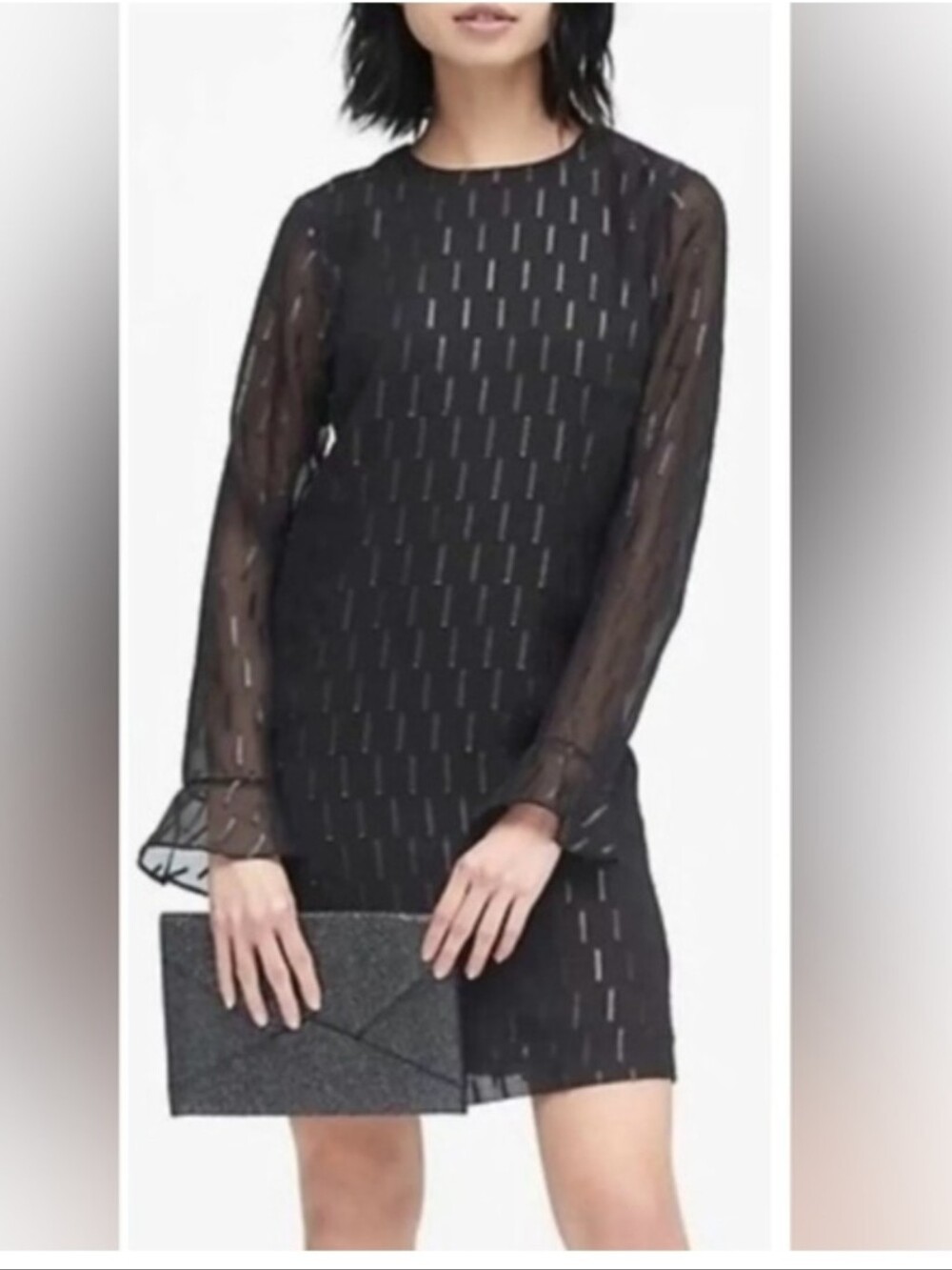 Banana Republic Long Sleeve Ruffle Cuff Shift Dress Black Chiffon Sparkle 6P NWT